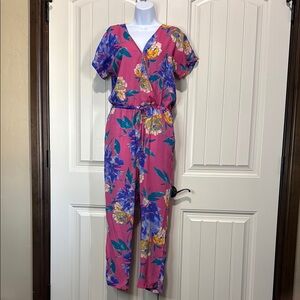 Lulu's Pink and Blue Floral Jumpsuit with Wide-Leg Design